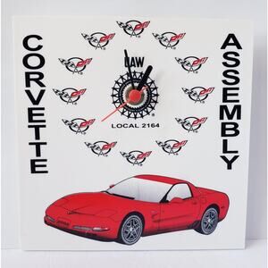 Vintage 2002 UAW Chevrolet Corvette Assembly Wall Clock Plastic 6" WORKS